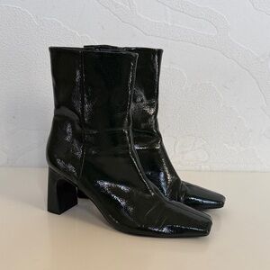Zara Women's Glossy Dark Green Square Heeled Ankle Side Zip Boots Size 39